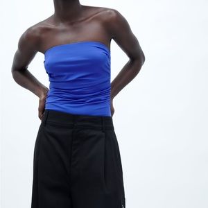 Zara navy blue ruched strapless bodysuit- S